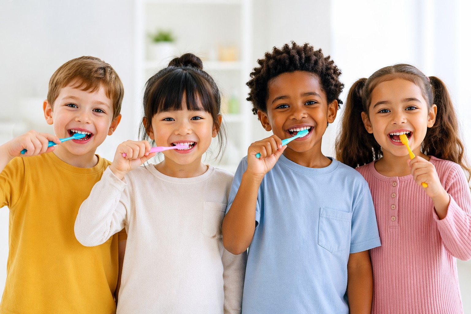 Enfants souriants se brossant les dents